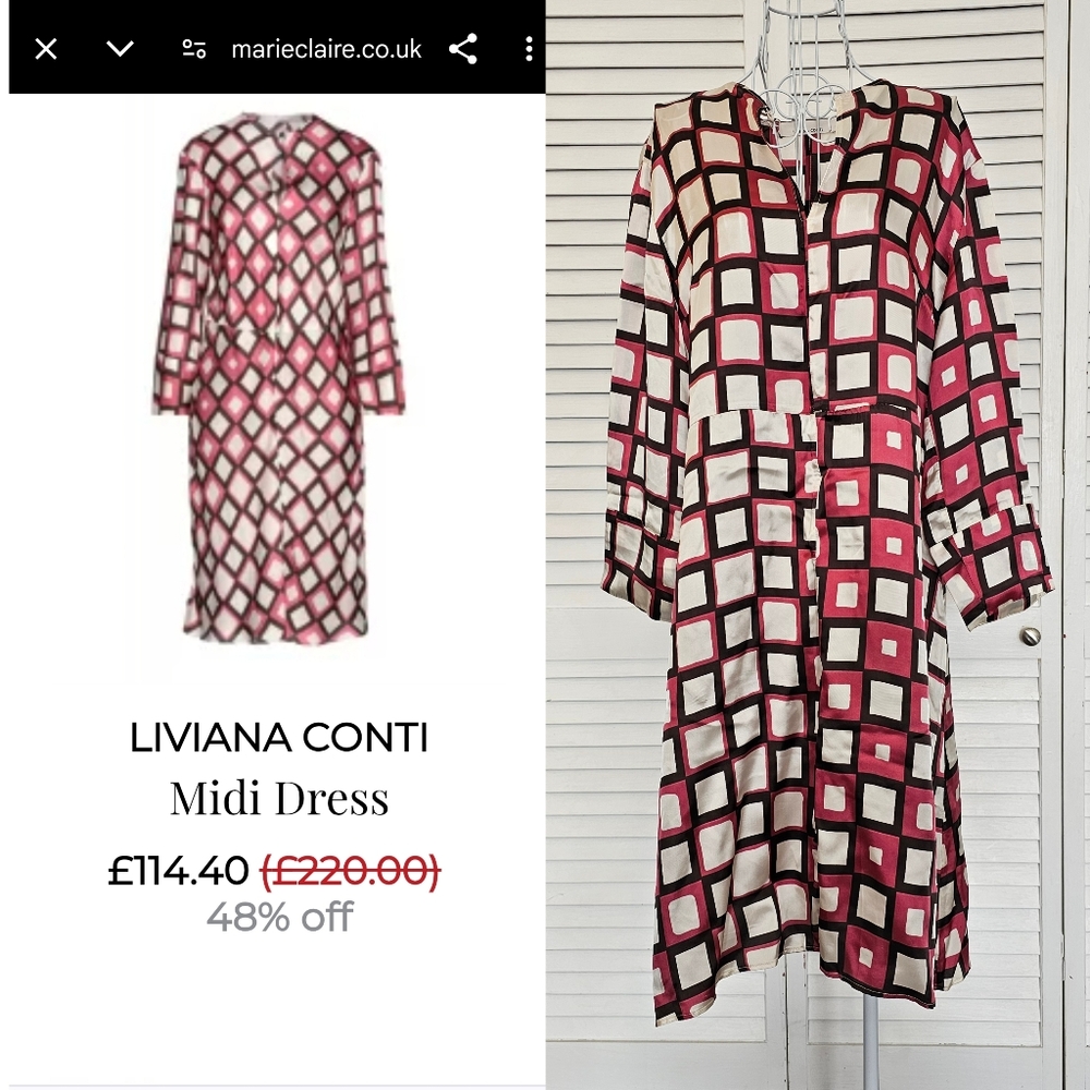 NWT Liviana Conti Satin Pink & Ivory Geometric Dress Made In Italy Size L IT48